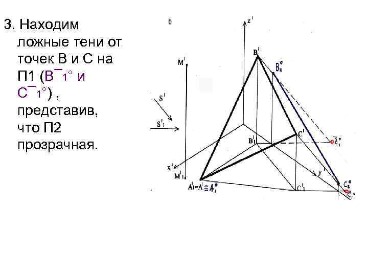 3. Находим ложные тени от точек В и С на П 1 (В¯ 1°