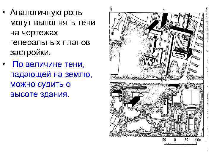  • Аналогичную роль могут выполнять тени на чертежах генеральных планов застройки. • По