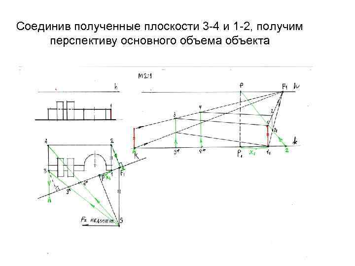 Соединив полученные плоскости 3 -4 и 1 -2, получим перспективу основного объема объекта 