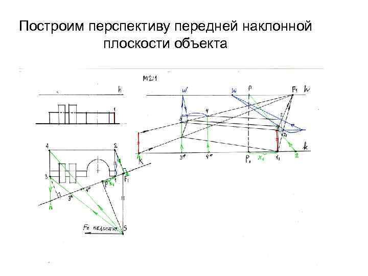 Построим перспективу передней наклонной плоскости объекта 