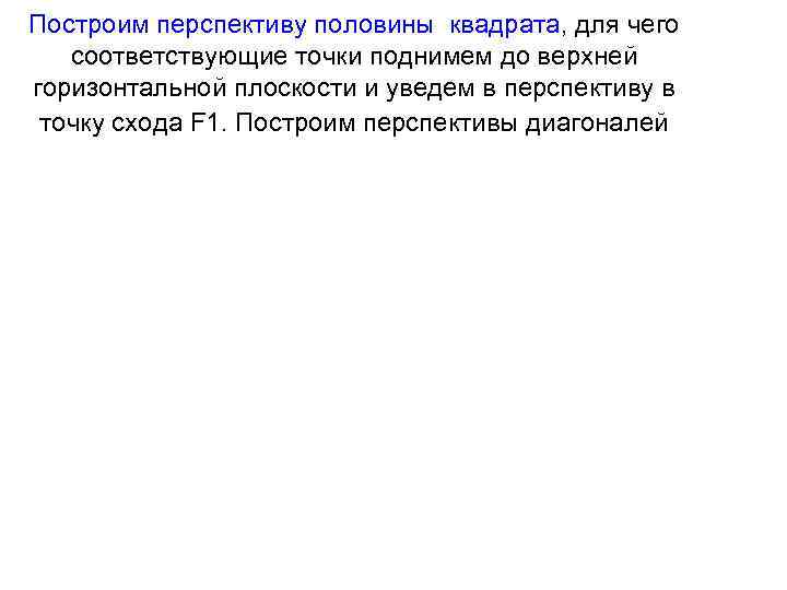 Построим перспективу половины квадрата, для чего соответствующие точки поднимем до верхней горизонтальной плоскости и