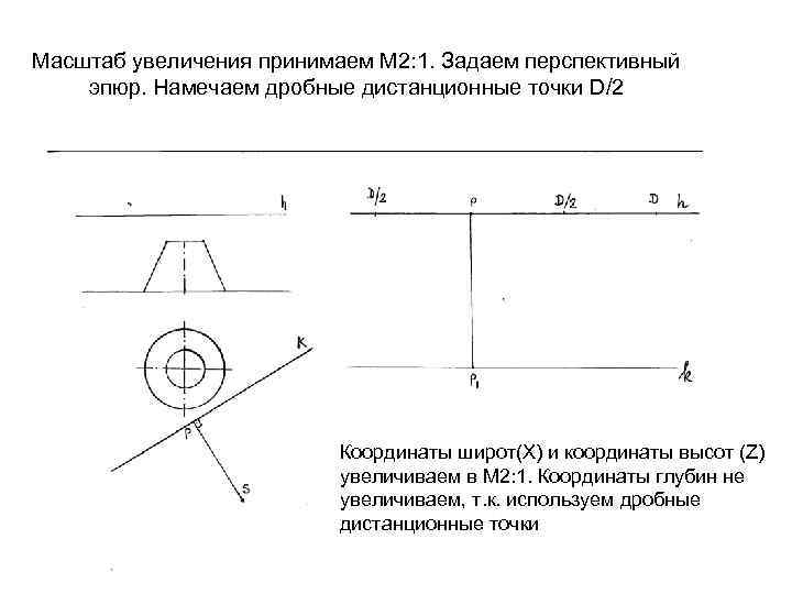 Масштаб увеличения принимаем М 2: 1. Задаем перспективный эпюр. Намечаем дробные дистанционные точки D/2