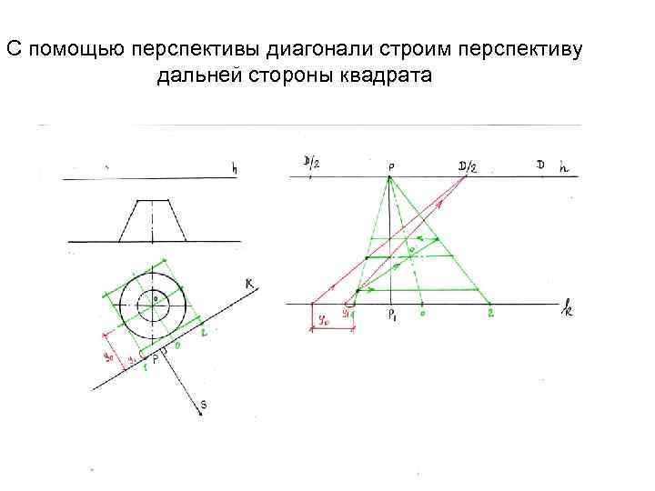 С помощью перспективы диагонали строим перспективу дальней стороны квадрата 