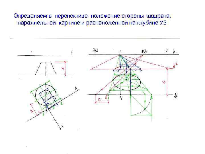 Определяем в перспективе положение стороны квадрата, параллельной картине и расположенной на глубине У 3