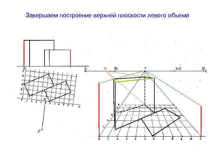 Завершаем построение верхней плоскости левого объема М 