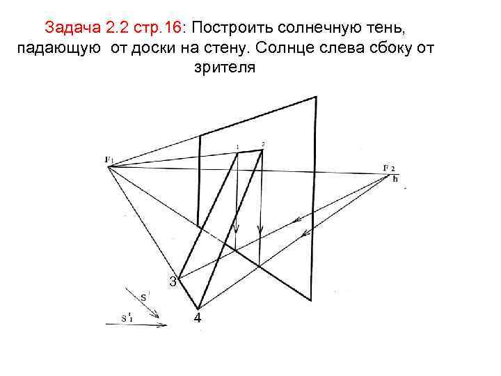 Задача 2. 2 стр. 16: Построить солнечную тень, падающую от доски на стену. Солнце