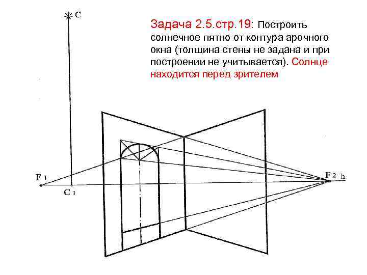 Задача 2. 5. стр. 19: Построить солнечное пятно от контура арочного окна (толщина стены
