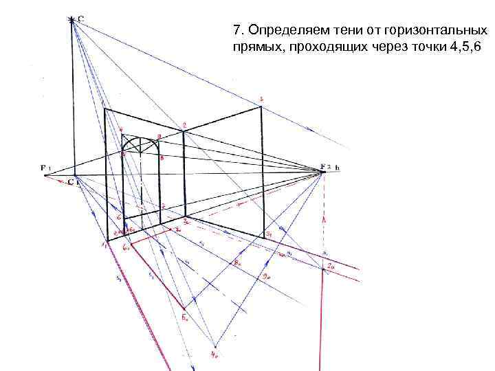 7. Определяем тени от горизонтальных прямых, проходящих через точки 4, 5, 6 