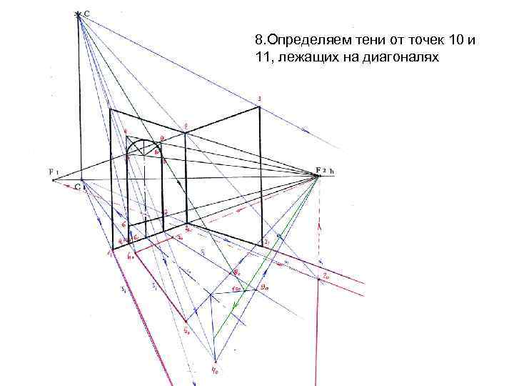 8. Определяем тени от точек 10 и 11, лежащих на диагоналях 