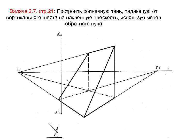 Задача 2. 7. стр. 21: Построить солнечную тень, падающую от вертикального шеста на наклонную