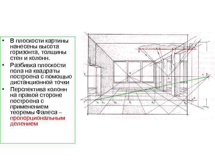  • В плоскости картины нанесены высота горизонта, толщины стен и колонн. • Разбивка