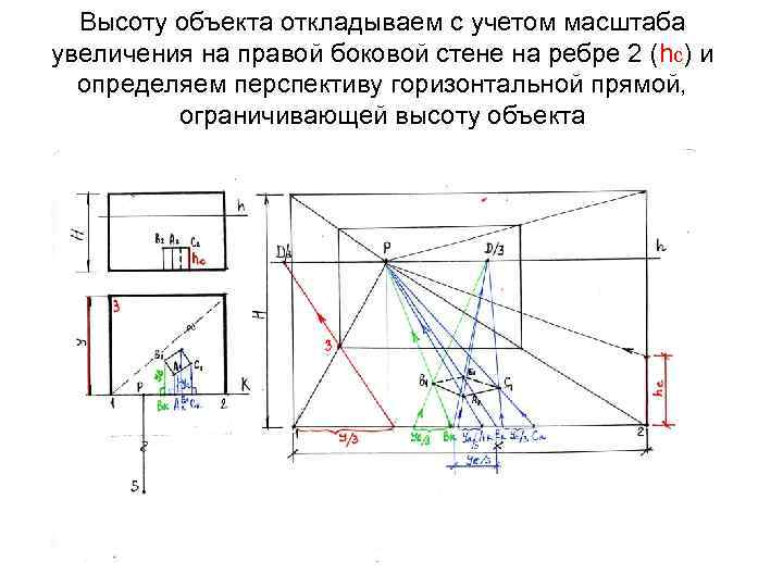 Высоту объекта откладываем с учетом масштаба увеличения на правой боковой стене на ребре 2