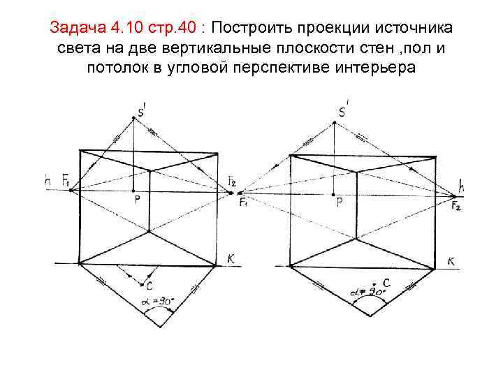 Задача 4. 10 стр. 40 : Построить проекции источника света на две вертикальные плоскости