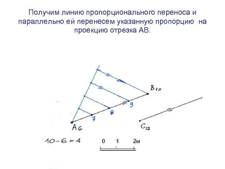 Получим линию пропорционального переноса и параллельно ей перенесем указанную пропорцию на проекцию отрезка АВ.