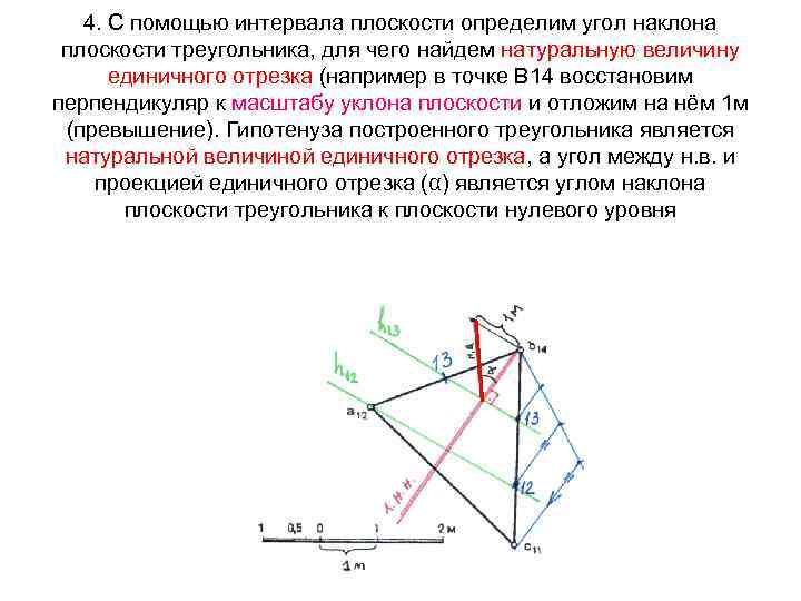 4. С помощью интервала плоскости определим угол наклона плоскости треугольника, для чего найдем натуральную
