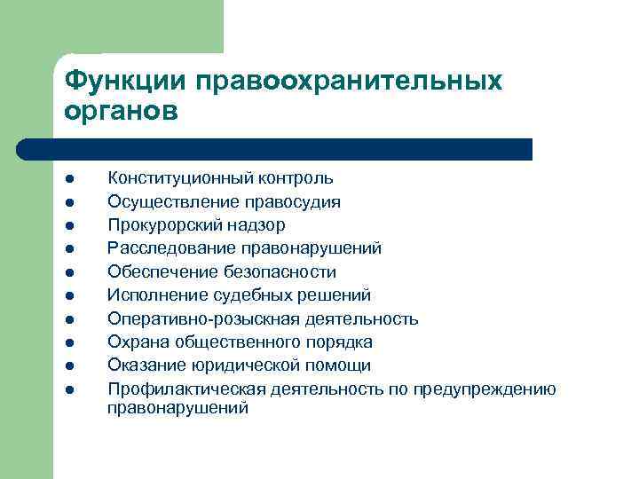 Функции правоохранительных органов l l l l l Конституционный контроль Осуществление правосудия Прокурорский надзор
