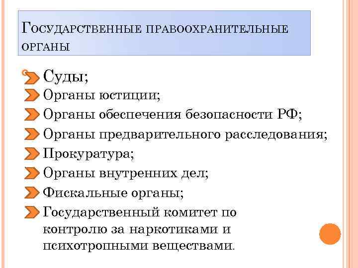 ГОСУДАРСТВЕННЫЕ ПРАВООХРАНИТЕЛЬНЫЕ ОРГАНЫ Суды; Органы юстиции; Органы обеспечения безопасности РФ; Органы предварительного расследования; Прокуратура;