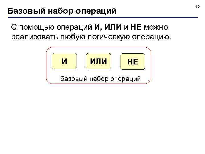 12 Базовый набор операций С помощью операций И, ИЛИ и НЕ можно реализовать любую
