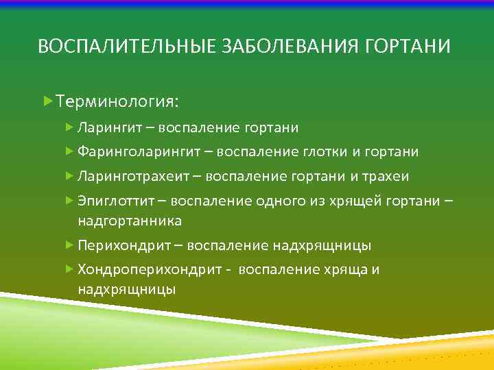 ВОСПАЛИТЕЛЬНЫЕ ЗАБОЛЕВАНИЯ ГОРТАНИ Терминология: Ларингит – воспаление гортани Фаринголарингит – воспаление глотки и гортани