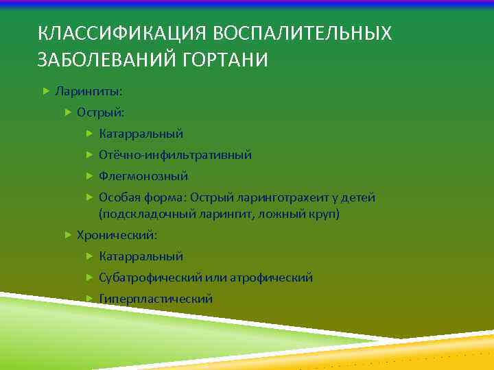 КЛАССИФИКАЦИЯ ВОСПАЛИТЕЛЬНЫХ ЗАБОЛЕВАНИЙ ГОРТАНИ Ларингиты: Острый: Катарральный Отёчно-инфильтративный Флегмонозный Особая форма: Острый ларинготрахеит у