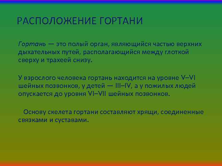 РАСПОЛОЖЕНИЕ ГОРТАНИ Гортань — это полый орган, являющийся частью верхних дыхательных путей, располагающийся между