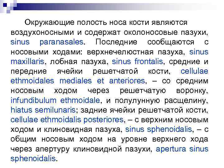 Окружающие полость носа кости являются воздухоносными и содержат околоносовые пазухи, sinus paranasales. Последние сообщаются
