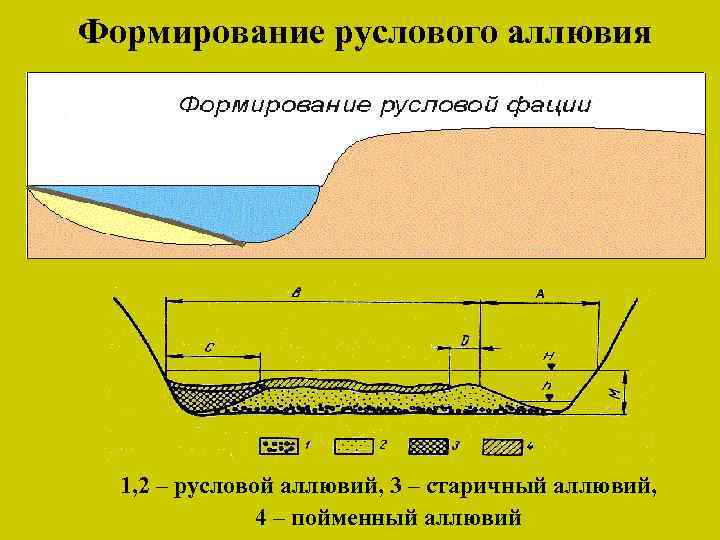 Формирование руслового аллювия 1, 2 – русловой аллювий, 3 – старичный аллювий, 4 –