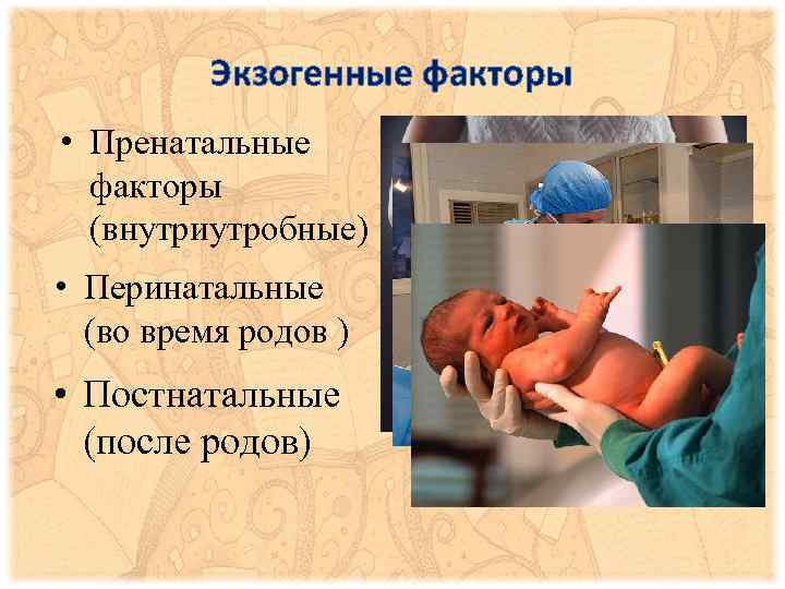 Экзогенные факторы • Пренатальные факторы (внутриутробные) • Перинатальные (во время родов ) • Постнатальные