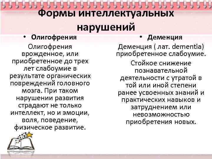 Формы интеллектуальных нарушений • Олигофрения врожденное, или приобретенное до трех лет слабоумие в результате