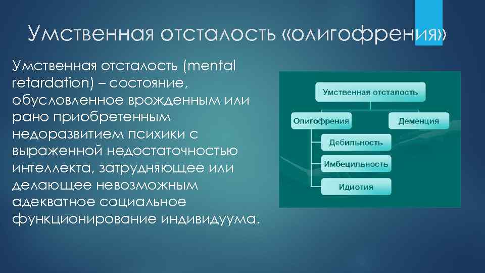 Умственная отсталость «олигофрения» Умственная отсталость (mental retardation) – состояние, обусловленное врожденным или рано приобретенным