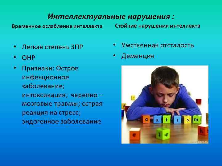 Интеллектуальные нарушения : Временное ослабление интеллекта Стойкие нарушения интеллекта • Легкая степень ЗПР •
