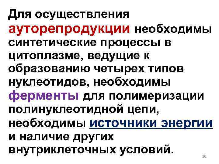 Для осуществления ауторепродукции необходимы синтетические процессы в цитоплазме, ведущие к образованию четырех типов нуклеотидов,