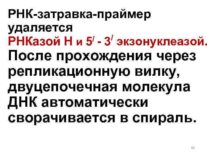 РНК-затравка-праймер удаляется / - 3/ экзонуклеазой. РНКазой H и 5 После прохождения через репликационную