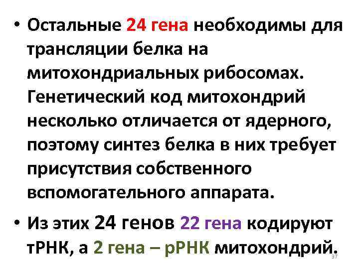  • Остальные 24 гена необходимы для трансляции белка на митохондриальных рибосомах. Генетический код