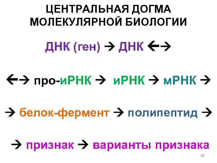 ЦЕНТРАЛЬНАЯ ДОГМА МОЛЕКУЛЯРНОЙ БИОЛОГИИ ДНК (ген) ДНК про-и. РНК м. РНК белок-фермент полипептид признак