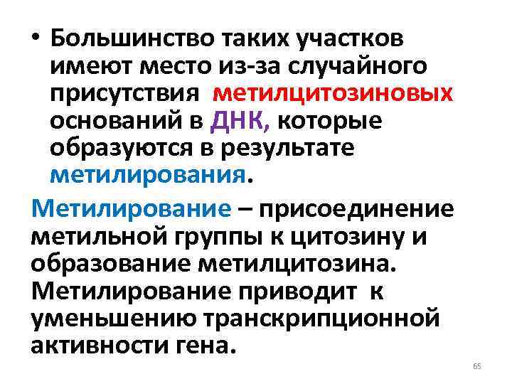  • Большинство таких участков имеют место из за случайного присутствия метилцитозиновых оснований в