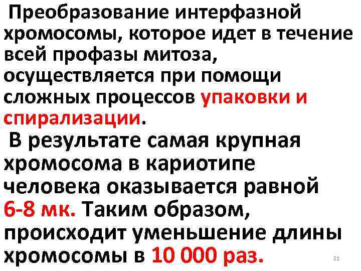  Преобразование интерфазной хромосомы, которое идет в течение всей профазы митоза, осуществляется при помощи