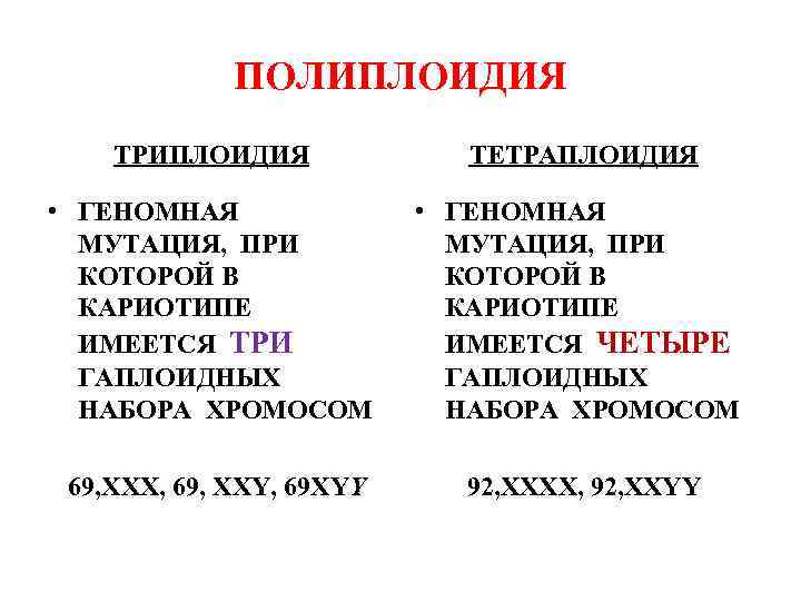 ПОЛИПЛОИДИЯ ТРИПЛОИДИЯ ТЕТРАПЛОИДИЯ • ГЕНОМНАЯ МУТАЦИЯ, ПРИ КОТОРОЙ В КАРИОТИПЕ ИМЕЕТСЯ ТРИ ГАПЛОИДНЫХ НАБОРА