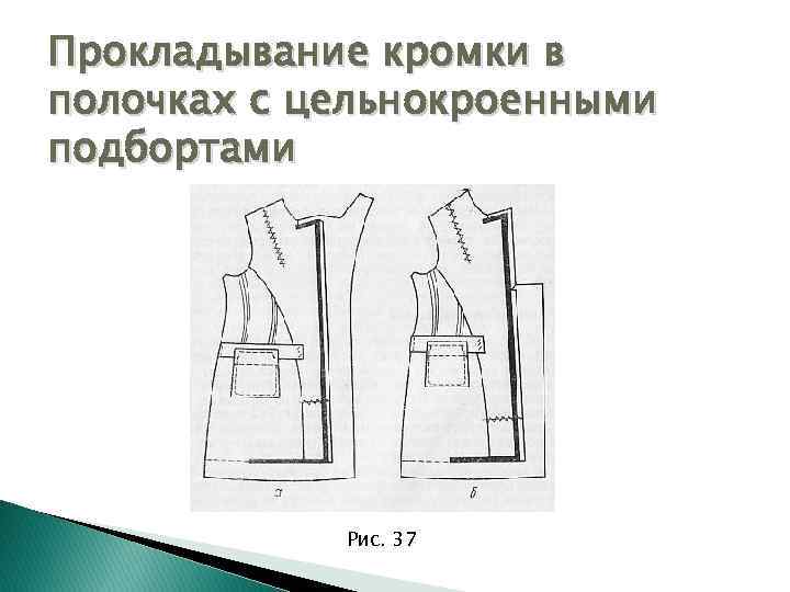 Прокладывание кромки в полочках с цельнокроенными подбортами Рис. 37 