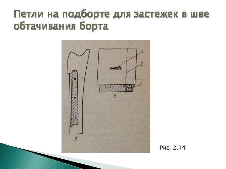 Петли на подборте для застежек в шве обтачивания борта Рис. 2. 14 