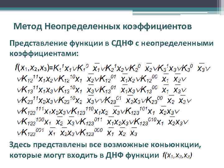 Метод Неопределенных коэффициентов Представление функции в СДНФ с неопределенными коэффициентами: Здесь представлены все возможные