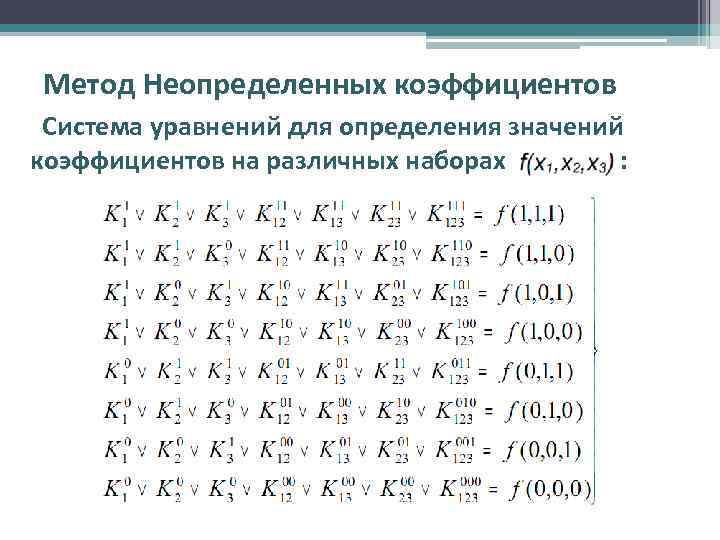 Метод Неопределенных коэффициентов Система уравнений для определения значений коэффициентов на различных наборах : 