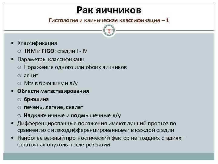 Рак яичников Гистология и клиническая классификация – 1 Классификация TNM и FIGO: стадии I