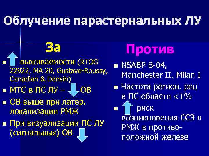 Облучение парастернальных ЛУ За n выживаемости (RTOG 22922, MA 20, Gustave-Roussy, Canadian & Dansih)