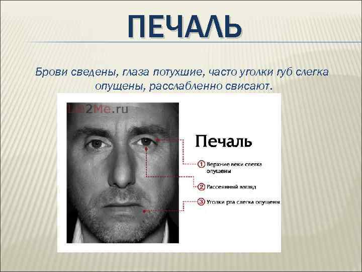 ПЕЧАЛЬ Брови сведены, глаза потухшие, часто уголки губ слегка опущены, расслабленно свисают. 