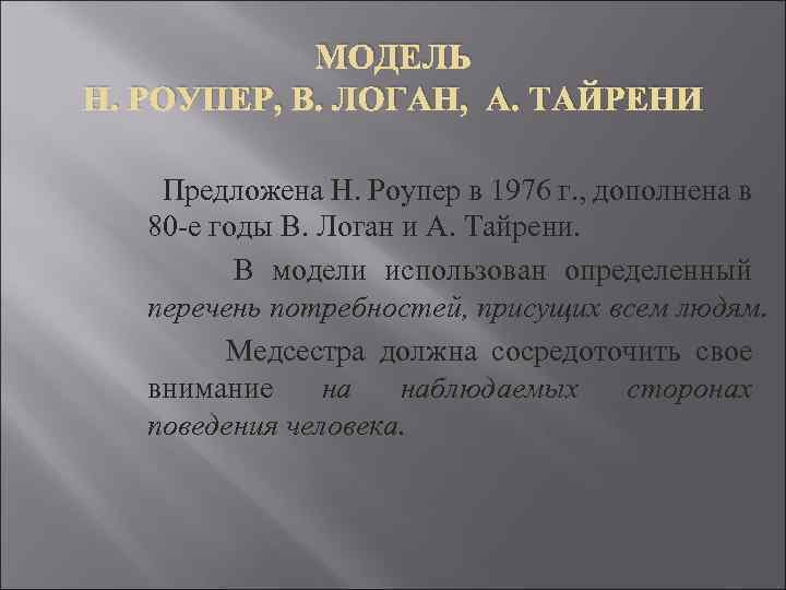 МОДЕЛЬ Н. РОУПЕР, В. ЛОГАН, А. ТАЙРЕНИ Предложена Н. Роупер в 1976 г. ,