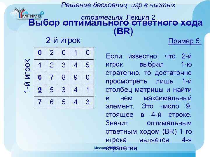 Решение бескоалиц. игр в чистых стратегиях Лекция 2 Выбор оптимального ответного хода (BR) 2