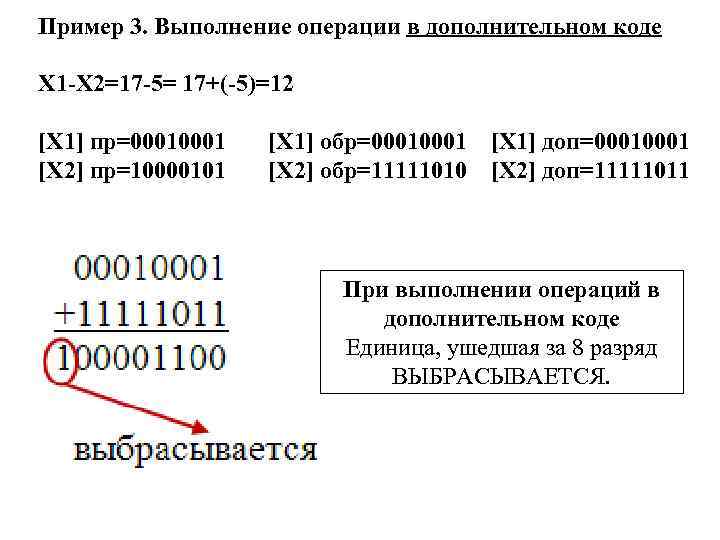 Пример 3. Выполнение операции в дополнительном коде Х 1 -Х 2=17 -5= 17+(-5)=12 [Х