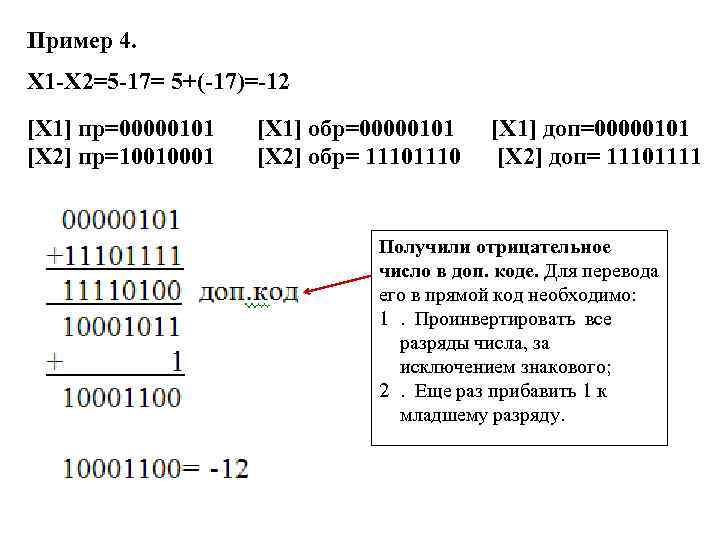 Пример 4. Х 1 -Х 2=5 -17= 5+(-17)=-12 [Х 1] пр=00000101 [Х 2] пр=10010001