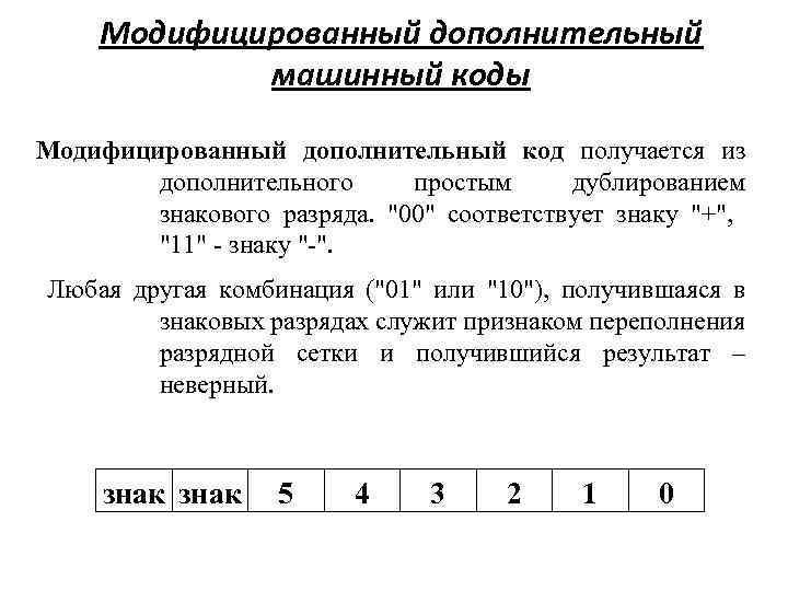 Модифицированный дополнительный машинный коды Модифицированный дополнительный код получается из дополнительного простым дублированием знакового разряда.